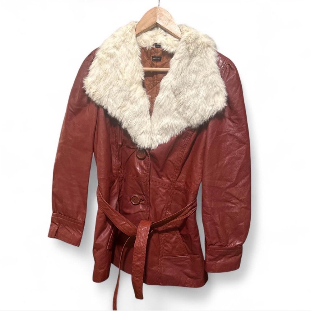 Women's Fur Collar Belted Leather Jacket - Rust
